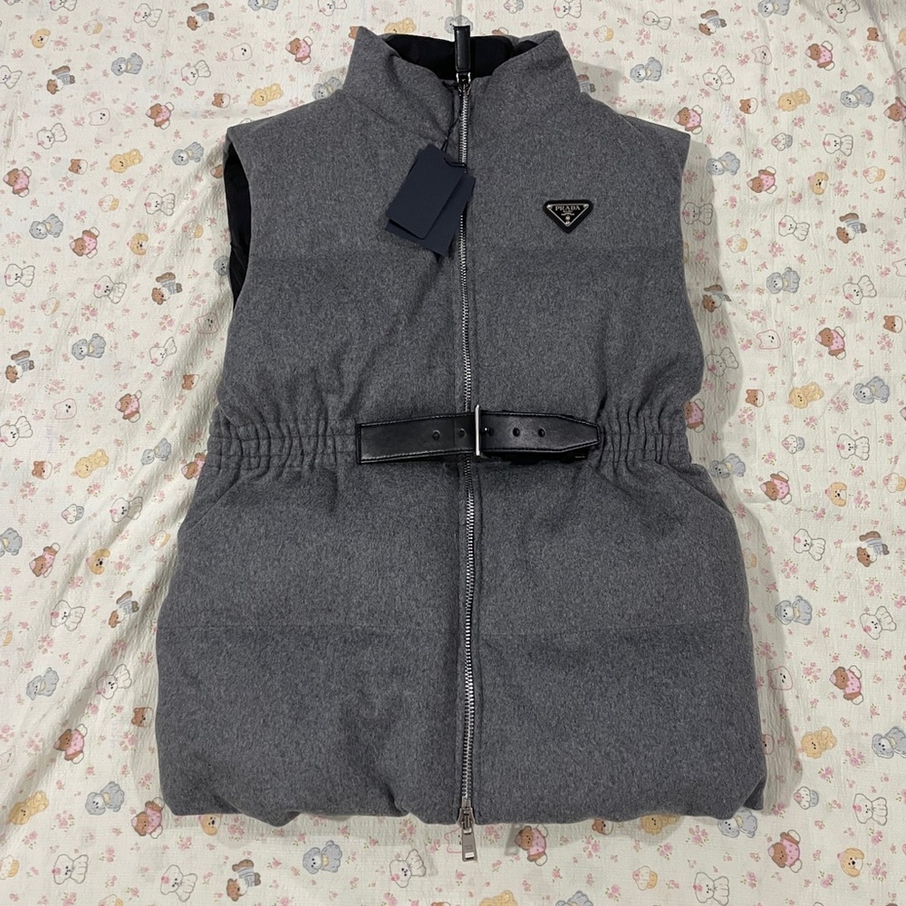 Prada Gray Wool-Blend Puffer Vest with Belt